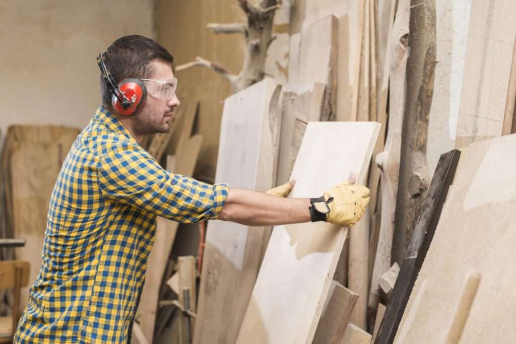 male-carpenter-wearing-protective-safety-glasses-holding-wooden-plank-workshop