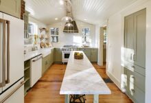 kitchen with long narrow island