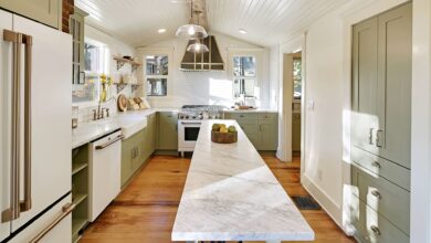 kitchen with long narrow island