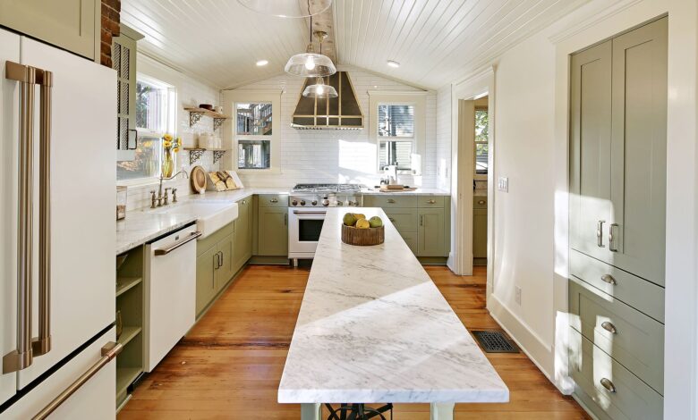 kitchen with long narrow island