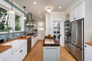 Kitchen with long narrow island